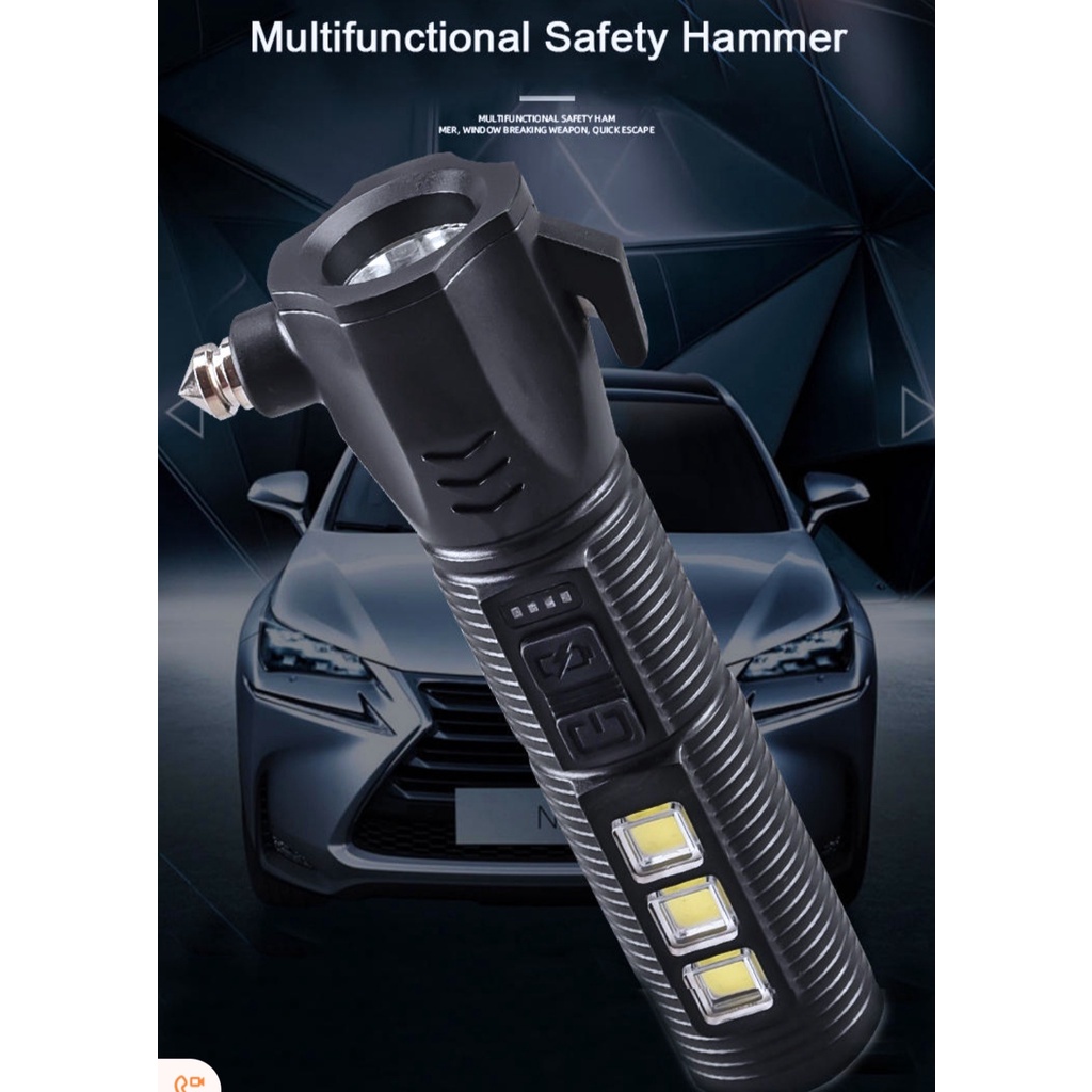 Senter LED Flashlight USB Charger Palu Pengaman Kaca Mobil Multifungsi / Safety Hammer