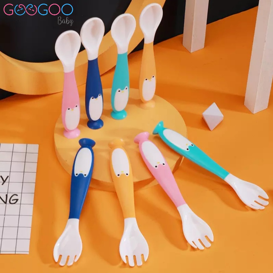 GOOGOO Baby Set Spoon Fork 360 Derajat / Sendok Lengkung Bayi Pinguin