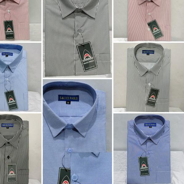 Kemeja Pria Salice Paolo Pendek Reguler Biru Orange Salur Pastel - Salur Putih, XL