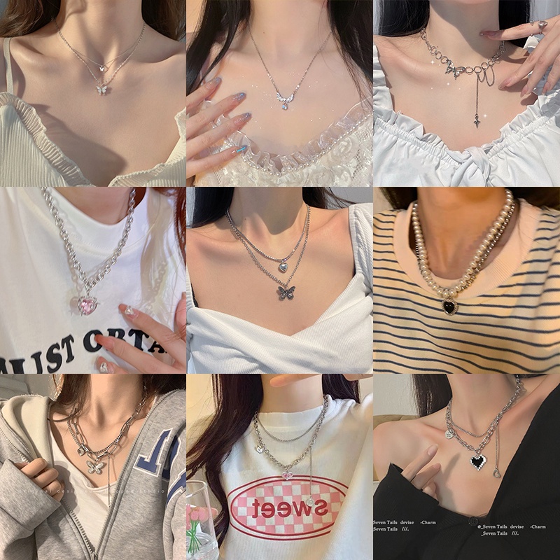 YEEZII Kalung Rantai Choker Y2K Silver Hias Liontin Hati Pink Tulip Mutiara Kristal Permata Untuk Wanita