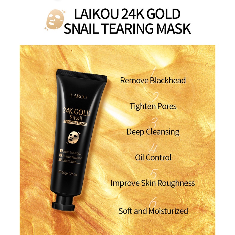 【CAN COD】LAIKOUMasker Siput Emas 24K ，Whitening Mask，Penghilang Komedo, Masker Pemutih 50g Blackhead Removal,