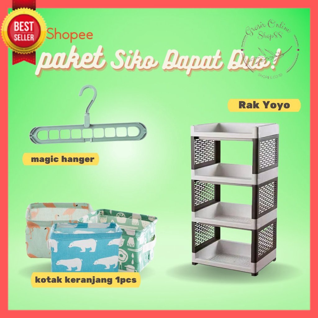 GOS - PAKET &quot;SIKO DAPAT DUO&quot; / RAK YOYO + KOTAK KERANJANG + MAGIC HANGER