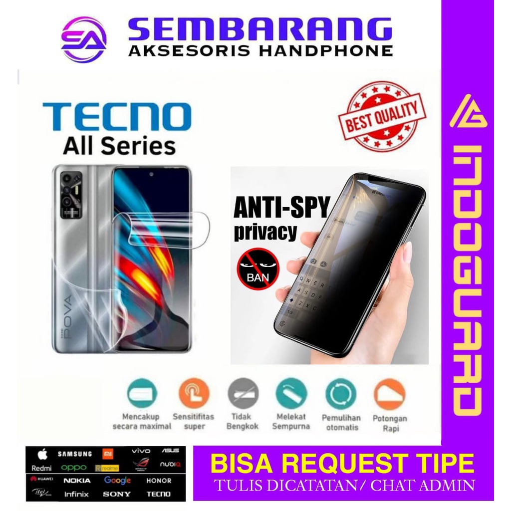 Anti gores Hydrogel Screen Protector Anti SPY TECNO SPARK SERIES SPARK 4|SPARK 4 LITE|SPARK 5|SPARK 