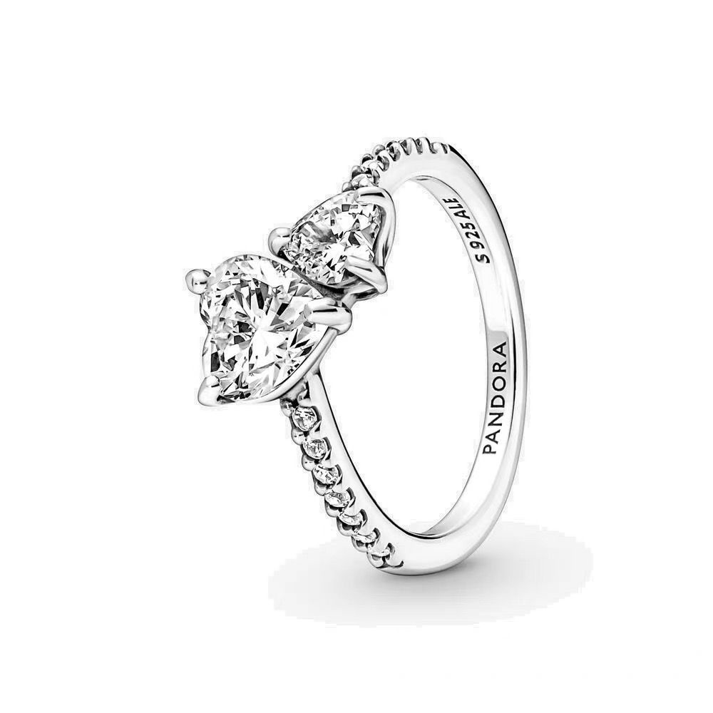 Pandora Cincin Sterling Silver 925 Desain Hati Ganda Hias Cubic Zirconia Untuk Wanita