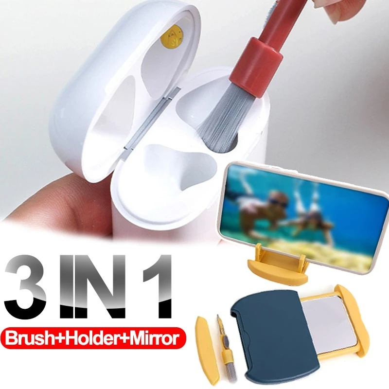 3 in 1 Multi-function Cell Phone Holder with Earphone Cleaning Brush and Cosmetic Mirror / Computer Keyboard Cleaning Brush / Universal Portable Desk Tablet Mobile Phone Stand