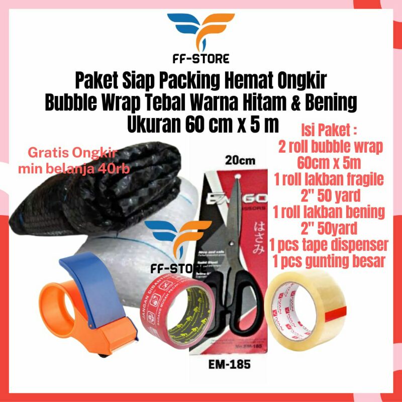 

[5Mx60Cm] Paket Lengkap Bubble Wrap Tebal 60 cm x 5 meter Lakban Bening Lakban Fragile Tape Dispenser Gunting Starter Pack Packing Online Shop