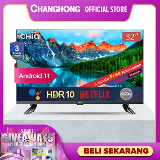 CHiQ 32 Inch Newest Android 11 Frameless Smart TV Digital LED TV(L32G7P)-Netflix-Garansi Resmi 5 Thn
