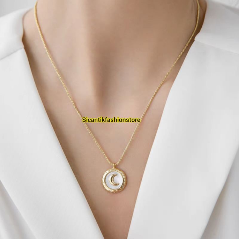 KALUNG TITANIUM WANITA LIONTIN BULAN SABIT TRENDING ASLI TITANIUM ANTI KARAT SELAMANYA KALUNG TITANIUM WANITA VINTAGE TRENDING LAPIS EMAS 18K PERHIASAN WANITA