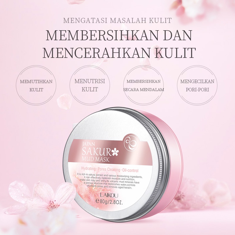 LAIKOU Sakura Masker Lumpur KAOLIN Menghilangkan Komedo Hitam Mengontrol Minyak 80g