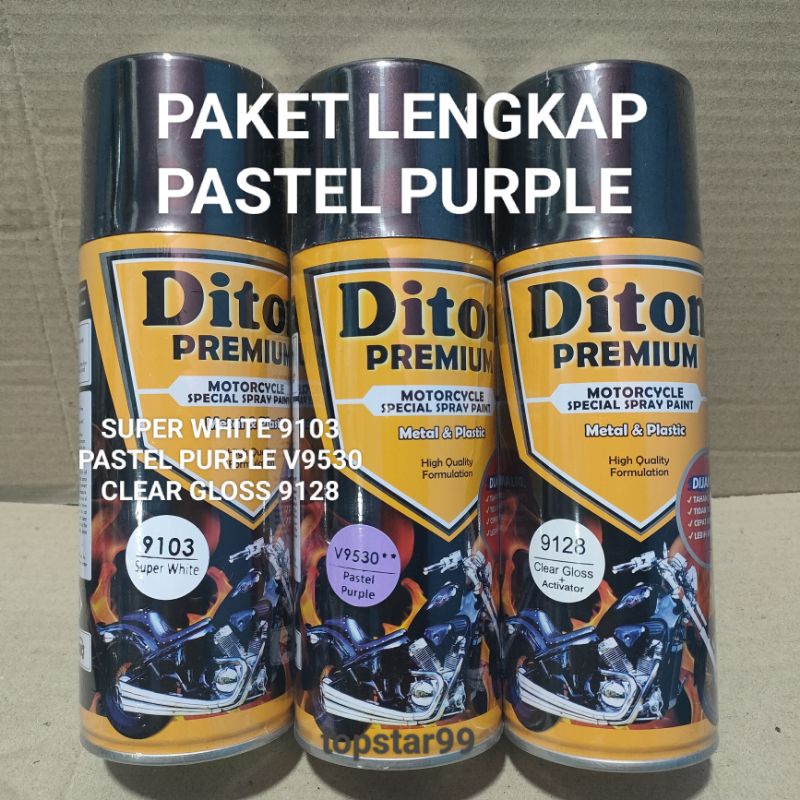 Pilok Cat Diton Premium Paket Lengkap 3 kaleng Pastel Purple Ungu Pastel V9530 Super White 9103 Clear Gloss 9128 400cc Pilok Paketan Cat Semprot Special Spray Paint