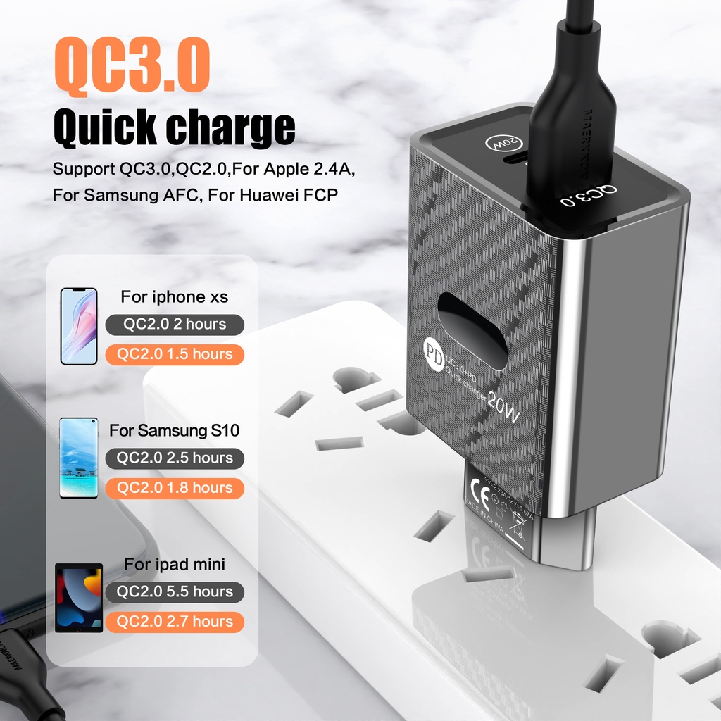 Adapter Charger Dinding USB QC3.0 + PD Fast Charging 20W Untuk Iphone / Android 5V