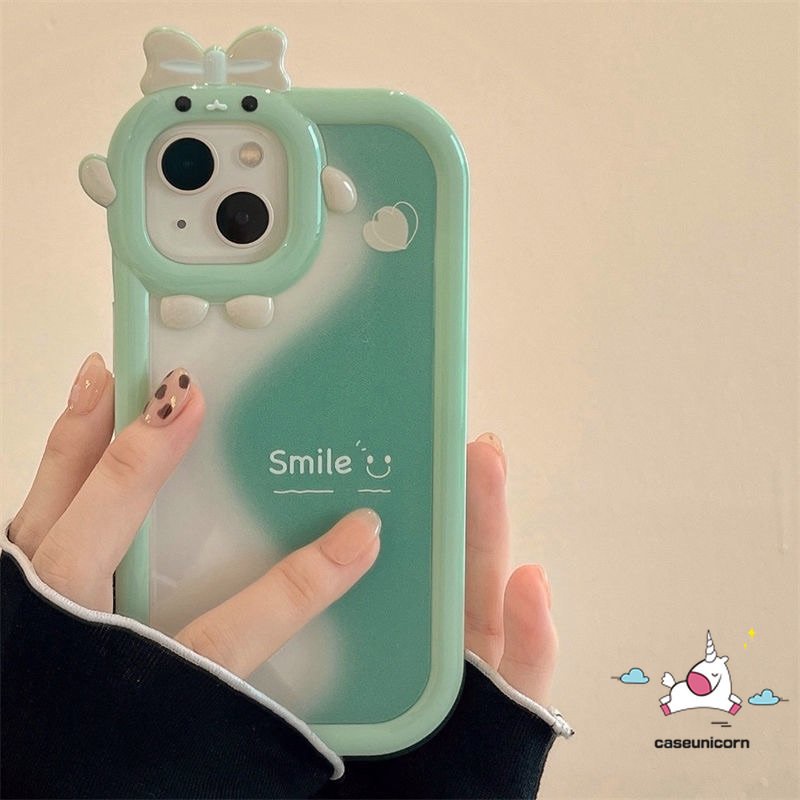 Smile Case Realme C33 9 8 8pro 7 8i 9pro+C25 C15 5 6i 9i 5s 5 7i C25s C12 C31 C21Y C30 C25Y C11 C35 C21 C2 C1 C3 C17 Hijau Splicing Lovely 3D Bow Little Monster Lens Soft Case Tempat Kotak Makan