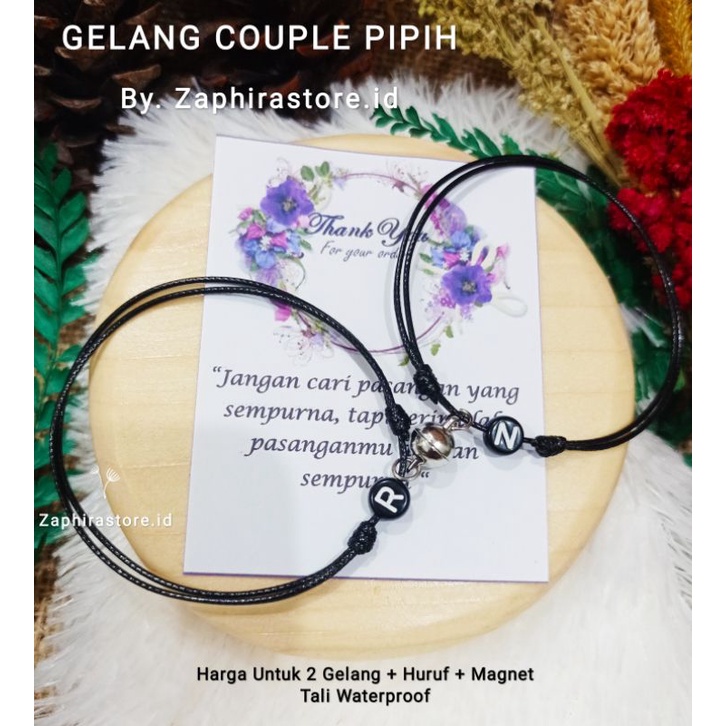 2 PCS / 1 SET GELANG COUPLE INISIAL HURUF BULAT PIPIH HITAM / GELANG TALI 1MM / GELANG HURUF BULAT