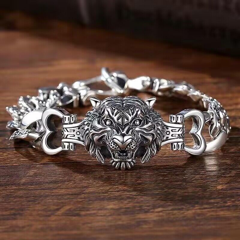 Gelang Lapis Silver Desain Kepala Harimau Gaya Hip Hop Untuk Pria