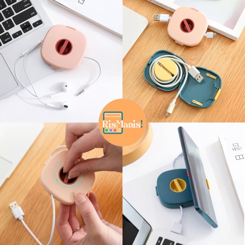 ROTATING CORD WINDER STORAGE - Kotak Penyimpanan Kabel Data Organizer Putar Tempat Gulungan Charger HP Earphone Holder Ponsel Penyangga Handphone Box Portable