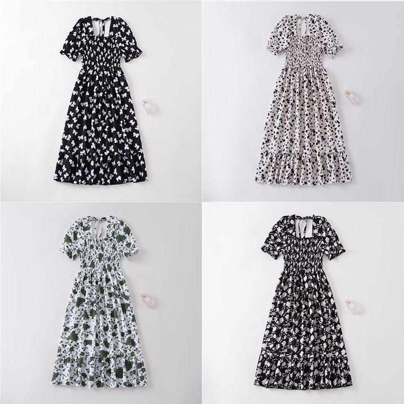 Daster wanita lengan pendek musim panas A-line floral boho midi dress