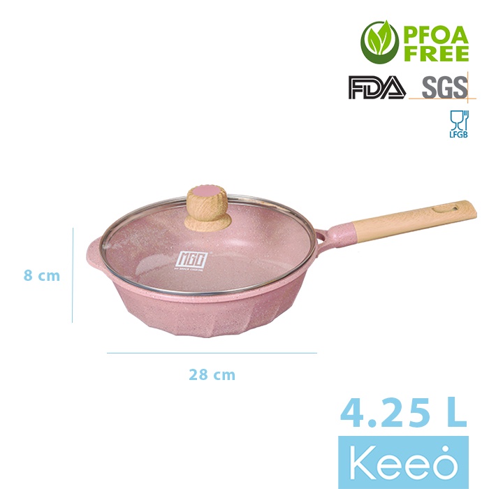 MGC 28 cm Wajan Penggorengan Wok Anti Lengket Granit dngn Tutup Pink
