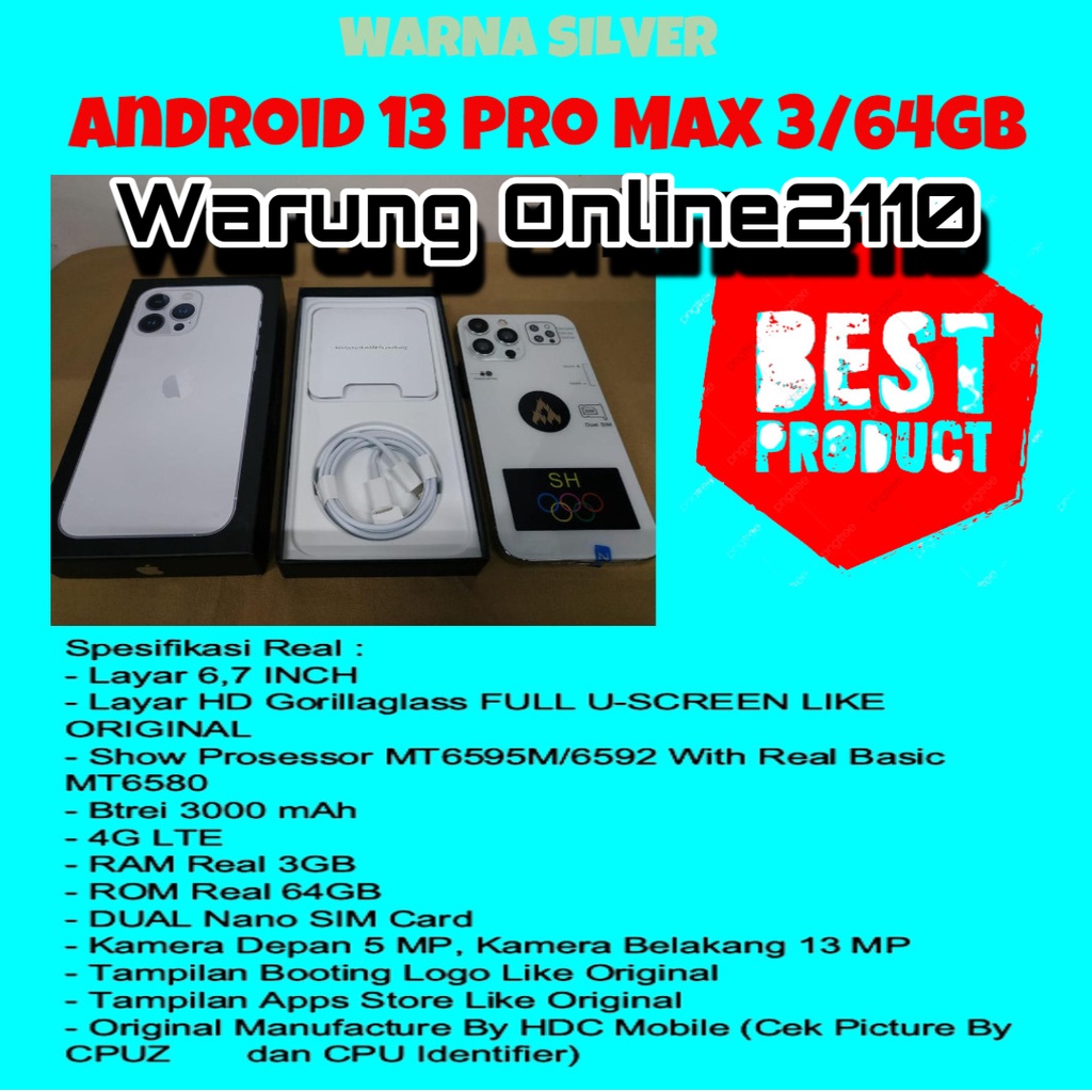 HANDPHONE ANDROID 13 PRO MAX 4G ULTIMATE FS HDC , RAM 3GB/64GB - WARNA SILVER