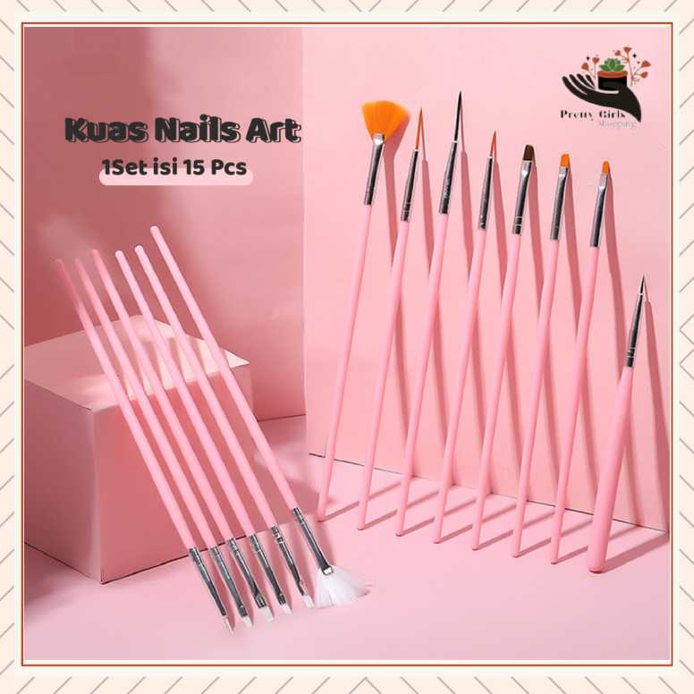 Pretty Kuas Nail Art Tools 15 Pcs UV Gel Polish Drawwing Brushes / Nail Art Brush Set 15 Pcs