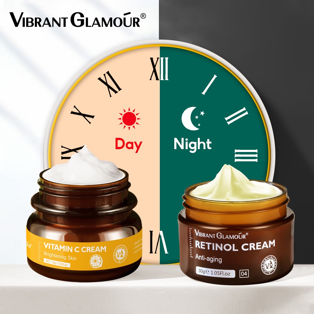 [BPOM] Vibrant Glamour Retinol Cream dan Vitamin C Cream Paket Siang &amp; Malam Untuk Anti Aging Pelembab Wajah Pemutih Mencerahkan Kulit Flek Hitam-30Gr