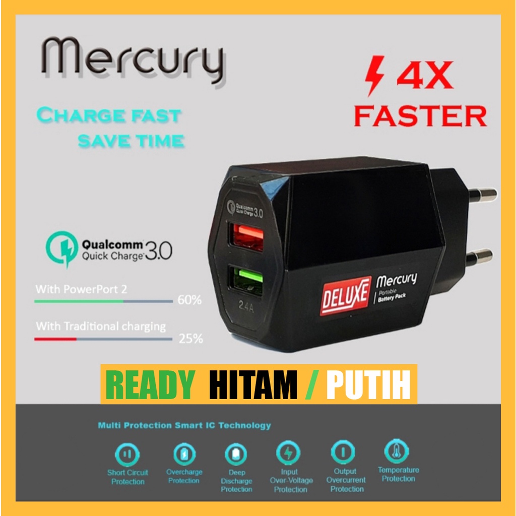 Mercury Deluxe Adaptor 2 USB / 4 USB Fast Charging Quick Charge 3.0 2.4A / 3.1A