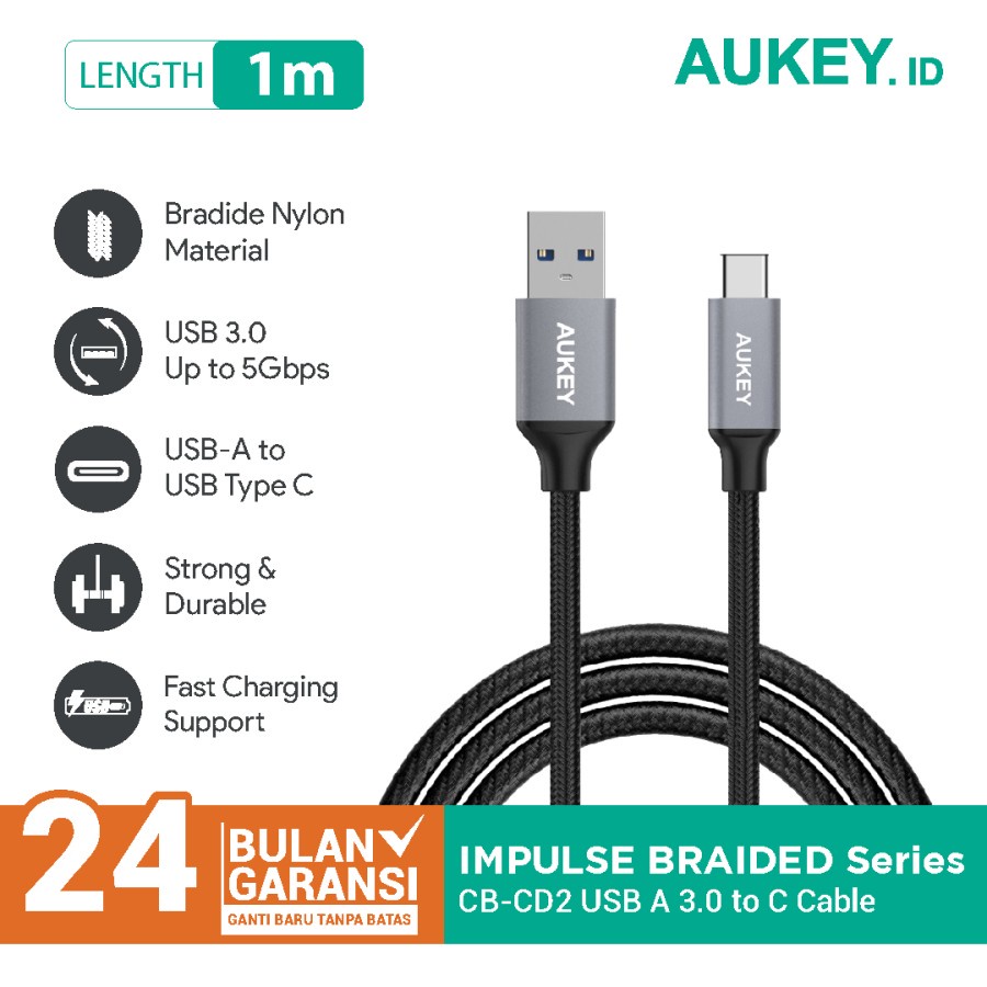 Kabel Charger Kabel Data Aukey Type C 1Meter Charger Samsung Android ORIGINAL AUKEY 100%