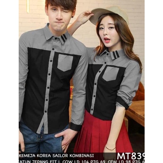 KEMEJA COUPLE/KEMEJA PASANGAN/BAJU COUPLE KOREA HEM SAILOR KOMBINASI - Hitam