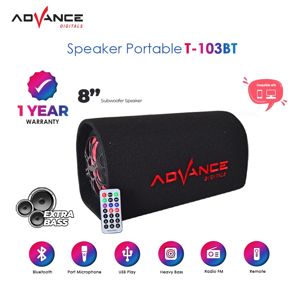ADVANCE Speaker Karaoke Super Bass T-103BT Bluetooth 8'' For Mobil PC- Hitam | Garansi Resmi Advance 1 Tahun