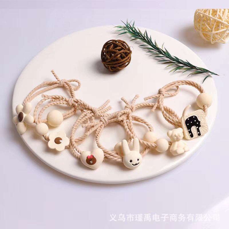 [ 6 PCS ] Ikat Rambut Fashion Wanita Motif Bear&amp;Bunga Lucu Korean Vintage Murah - Scrunchie Import