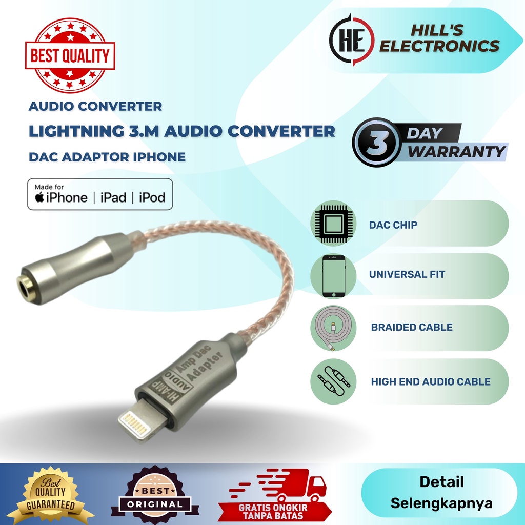 Custom Converter Lightning to 3.5mm Jack Audio Dac Adapter iPhone