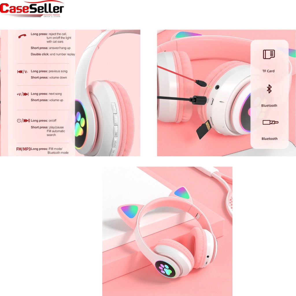 B39 JST28 STN Headset Anak Motif Kuping Kucing Bando Model Telinga / Handphone Bluetooth LED On-Ear Bass