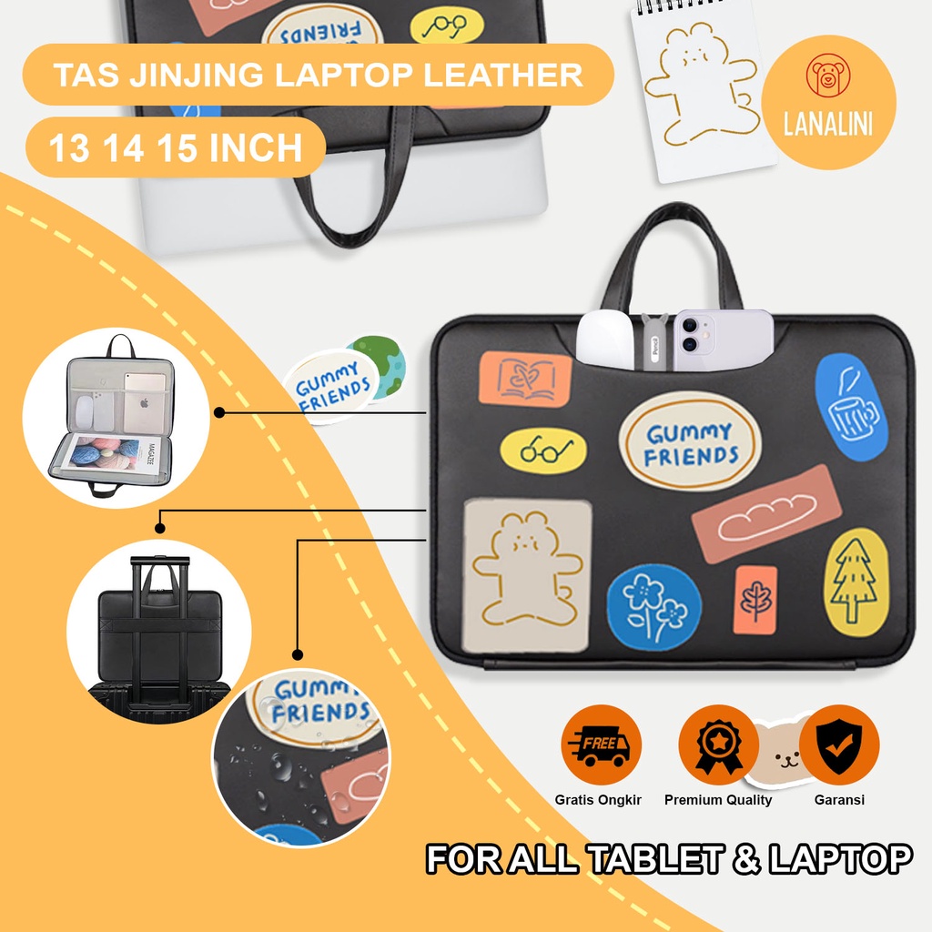 Sleeve Pouch Sarung Tas Bag Case Ipad Tab Tablet Macbook Air Pro Laptop Asus Acer Lenovo HP Huawei 11 12 13 14 15 inch Motif Gambar Beruang Gummy Bear Warna Hitam Lucu Cute Murah Korean Model Jinjing Tali Strap