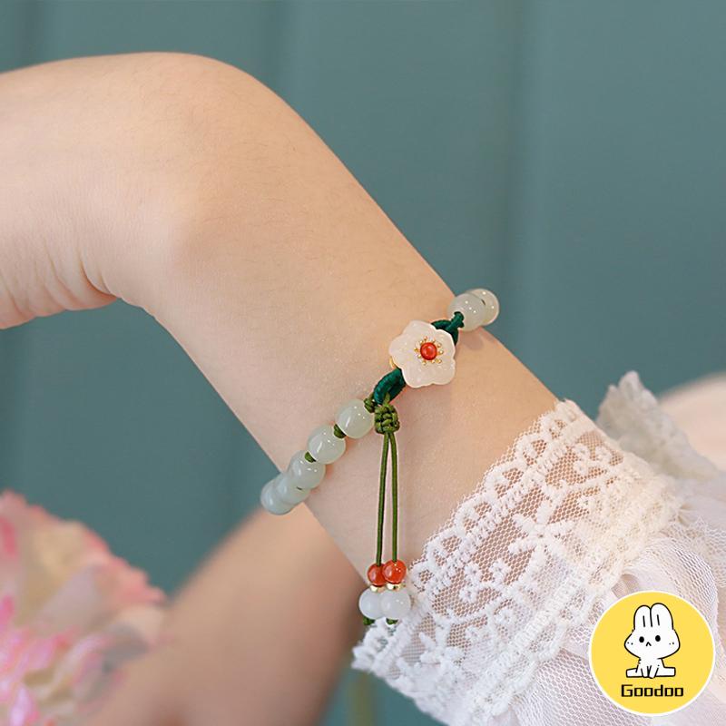 Jade Bead Gelang Kecil Peach Blossom Woven Perempuan Desain Niche Mahasiswa Pacar Hadiah -Doo