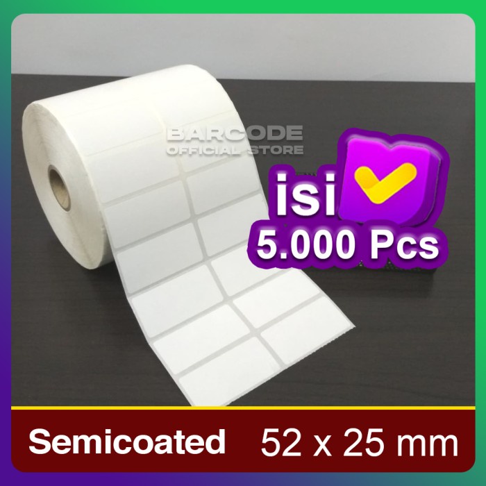 

KERTAS STICKER LABEL PRINTER BARCODE 52 X 25 MM - 2 LINE - SEMICOATED DEVINA36