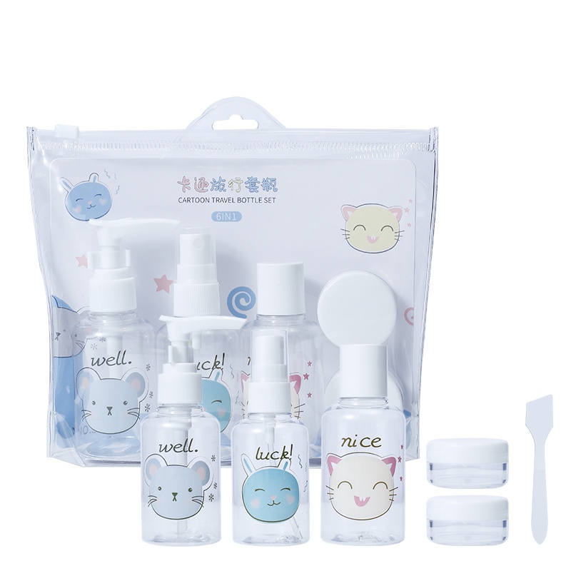 Travel Bottle Set Cartoon Character 1 Set isi Botol Spray Pump Flip Cap Cream Jar Pouch