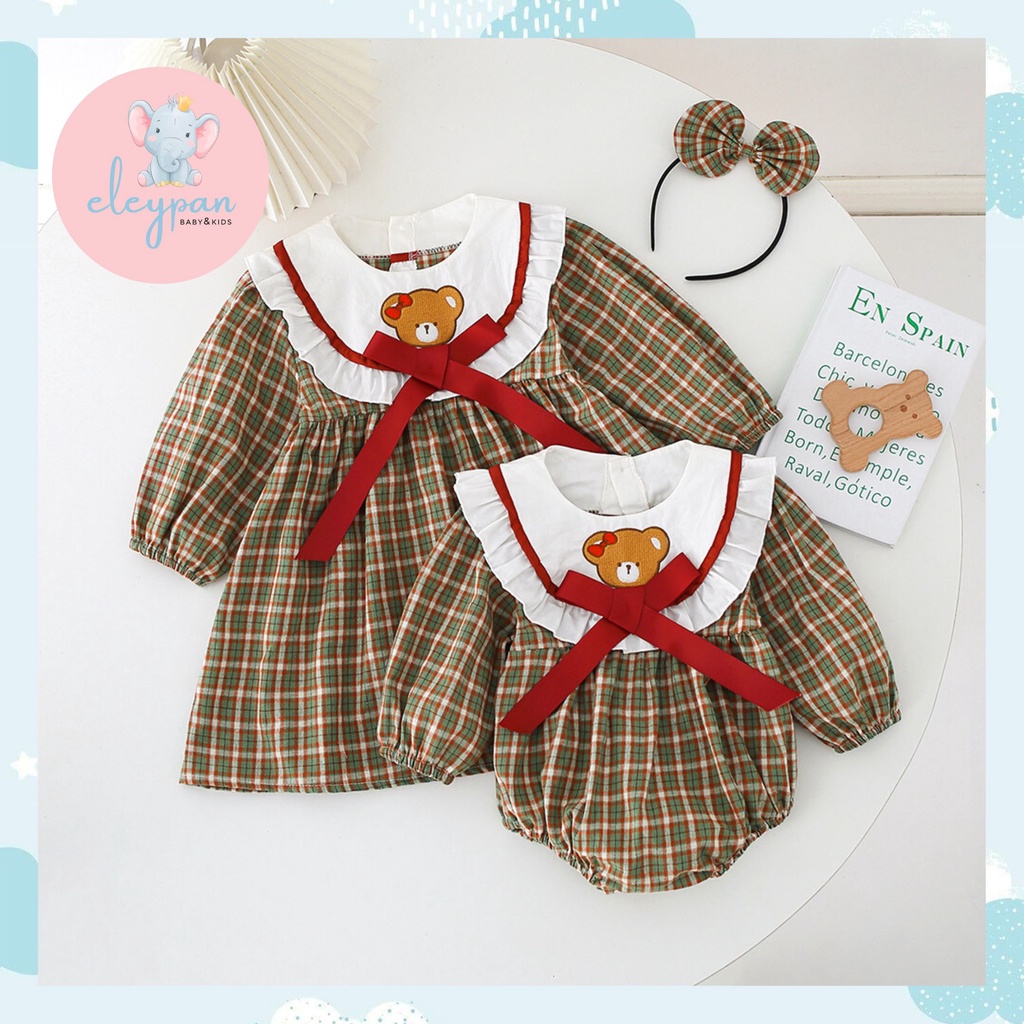 Romper Bayi Perempuan Free Bando Impor / Dress Anak Cewek Motif Kotak Kotak Teddy Bear / Baby Jumper Import