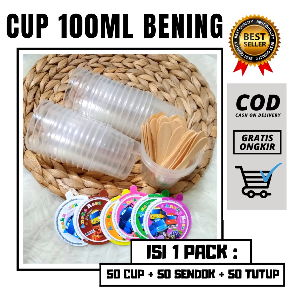 Cup Es Krim Plastik Bening 100ml Lengkap dengan Tutup dan Sendok 50pcs Ice Cream Pelastik