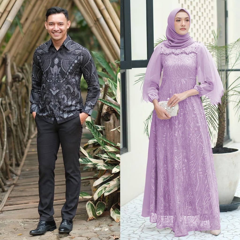 Gamis Couple Batik Kemeja Panjang Pria M L XL Baju Kondangan Brukat Terbaru - Jelita