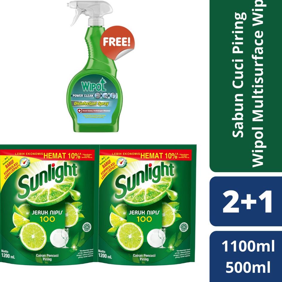 Stok Terbatas Sunlight Lime New Refill 1100Ml x2 Free Wipol Spray Disinfektan Pembersih Serbaguna Po