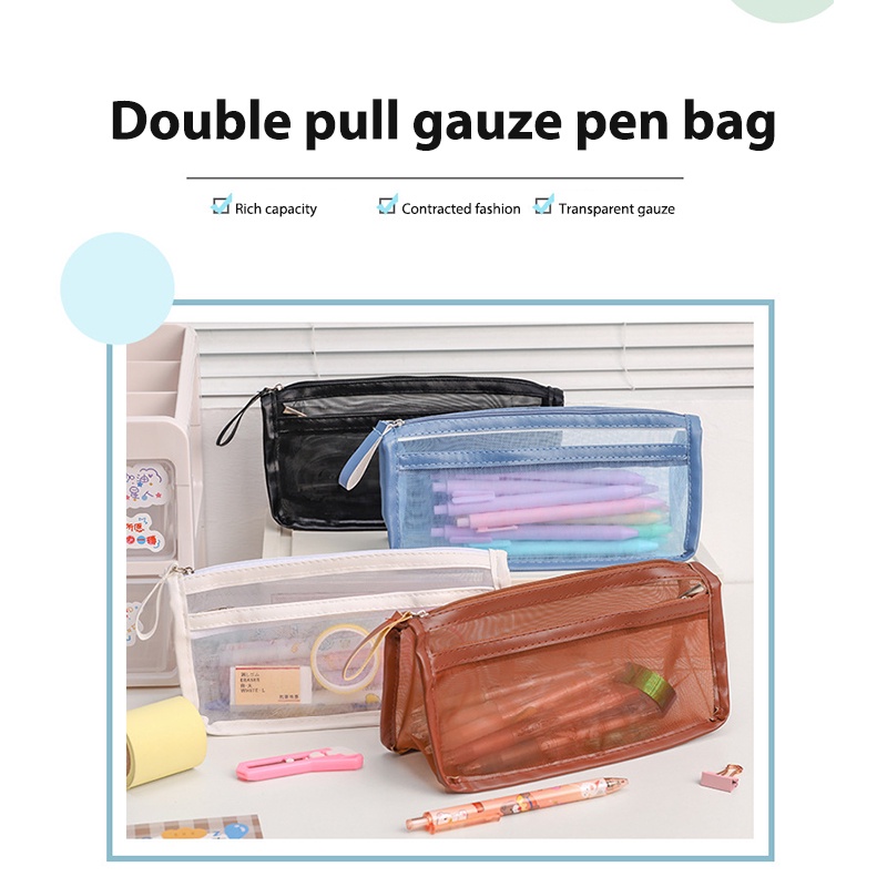 COD❤️Tempat Pensil Transparan Dua Lapis Dengan Resleting Sederhana Dua Ritsleting Kotak Pensil Mesh Dua Lapisan Besar Kantong Alat Tulis Besar