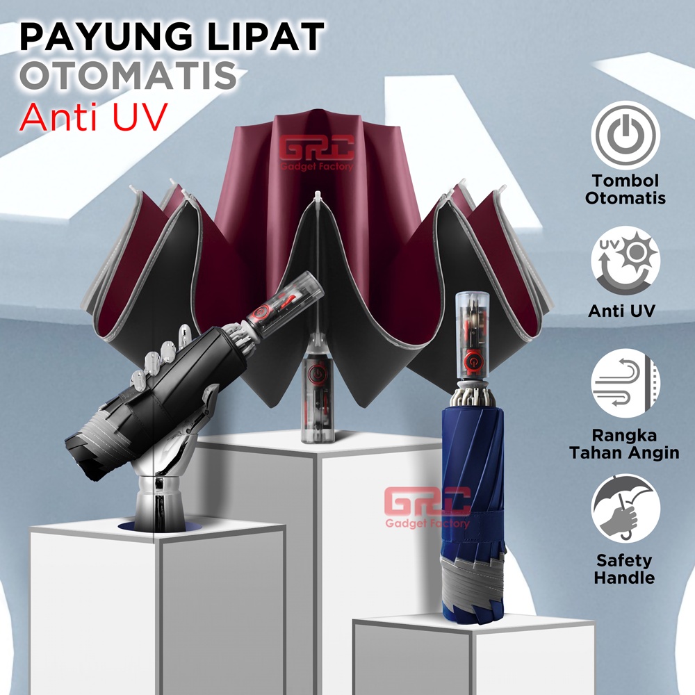 Payung Lipat Otomatis Anti UV Polos Buka Tutup Lipat Tiga Premium Handle Transparan