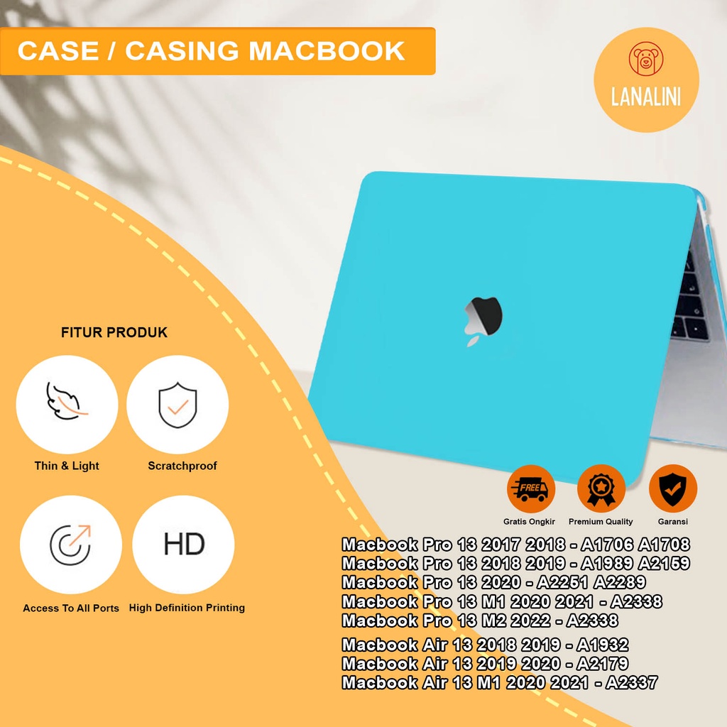 Case Casing Protective Aksesoris Pelindung Laptop Macbook Air Pro 13 inch M1 M2 2017 2018 2019 2020 2021 A1932 A2179 A2337 A1706 A1708 A1989 A2159 A2251 A2289 A2338 Warna Pastel Soft Blue Biru Hardcase Hard Case Murah Premium Logo Lubang Tampak