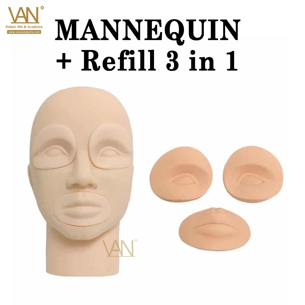 MANEKIN KEPALA + REFILL 3 in 1 / TRAINING HEAD MANNEQUIN/ PATUNG LATIHAN BELAJAR EYELASH EXTENSION SULAM ALIS BIBIR