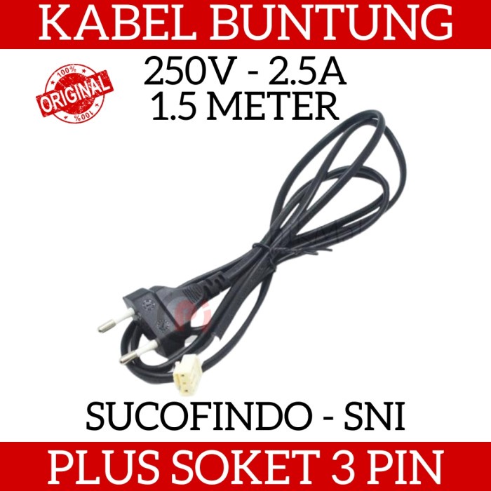 Kabel Listrik AC Buntung Plus Soket SUCOFINDO SNI Panjang 1.5 Meter