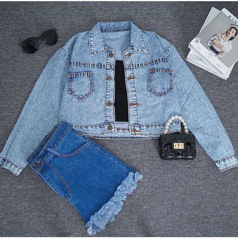 HUM - ZFS OOTD Jaket Denim Crop Snow Acid / AERI CROP JEANS JACKET / Jaket Jeans Kekinian