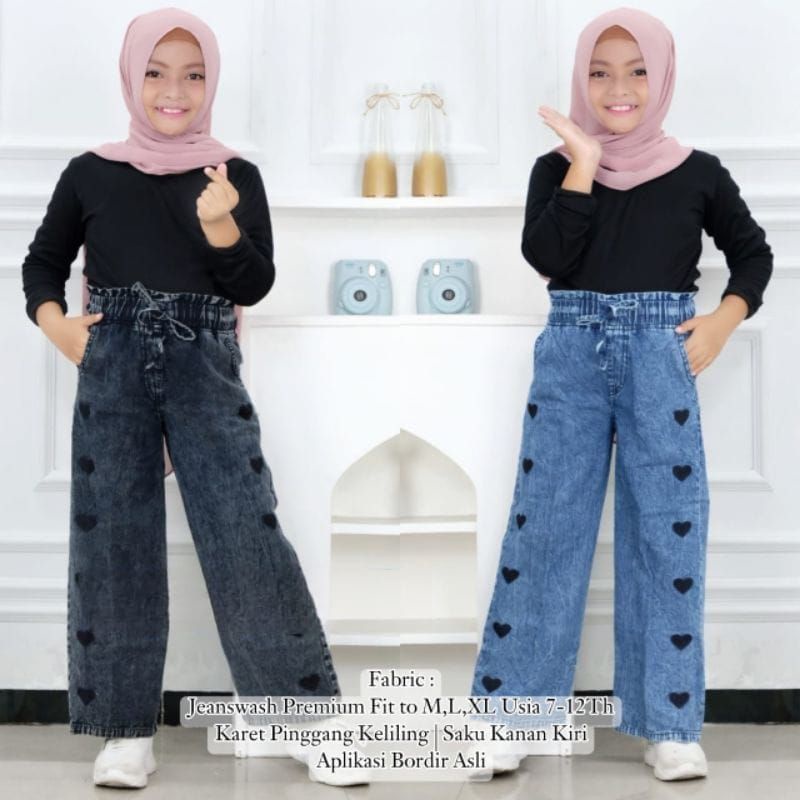 Kulot Panjang Anak Perempuan Celana Jeans Snow Wash Blue Hitam Highwaist Motif Bordir Love Premium R