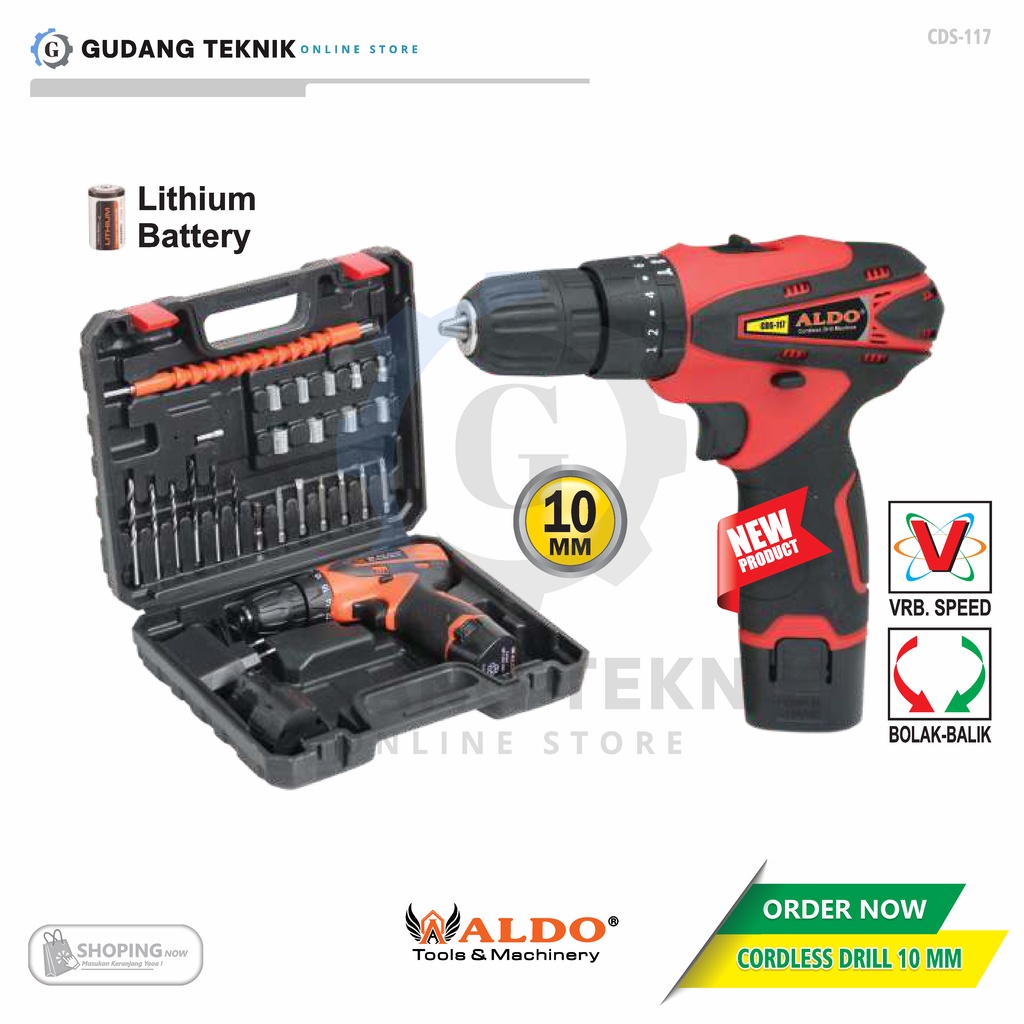 Mesin Bor Cordless 10mm ALDO CDS-117 / Bor Baterai 12V Plus SET CORDLESS DRILL ALDO CDS117 - CDS 117