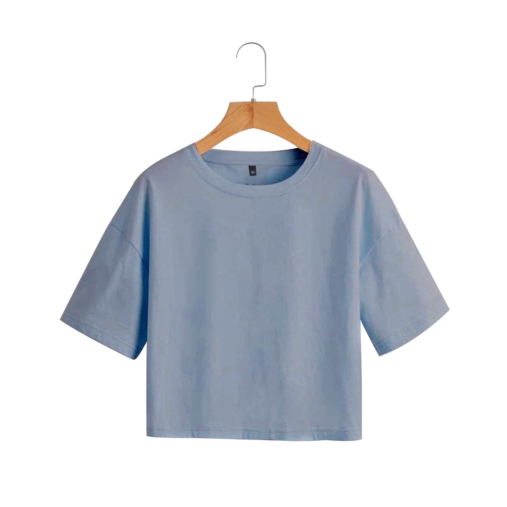Basic Kaos Crop Top Wanita Dewasa Polos Lengan Pendek Cotton