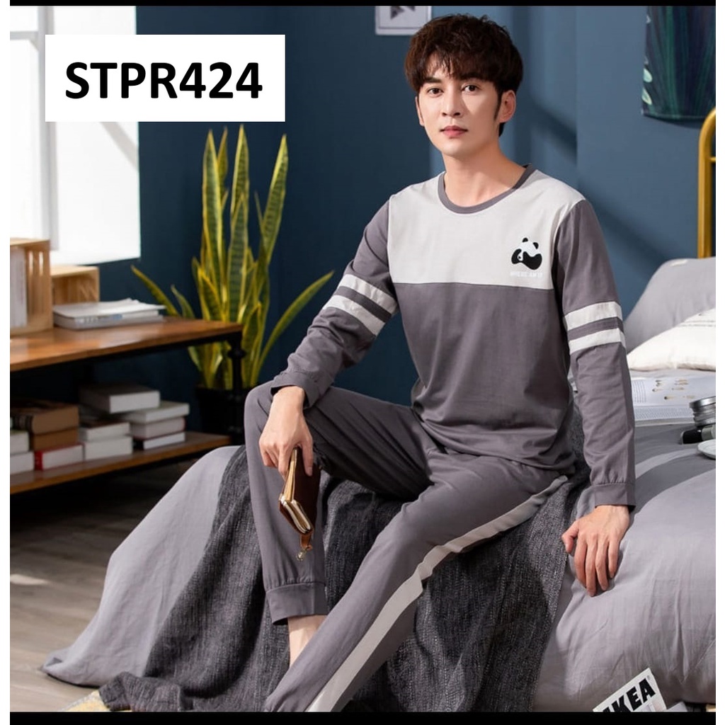Piyama Pria Baju Tidur Pria Lengan Panjang Celana Panjang Motif Panda Abu-Abu