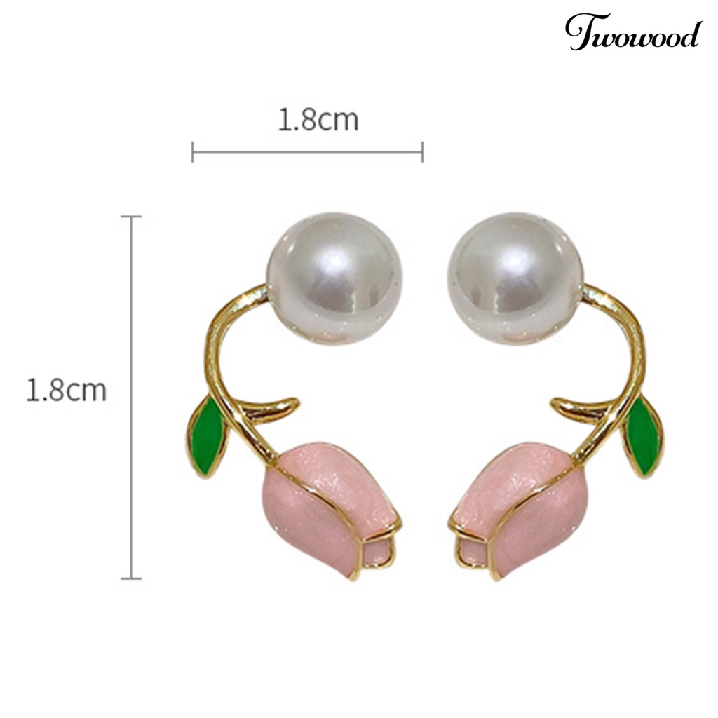 1 Pasang Anting Stud Desain Bunga Tulip Aksen Mutiara Imitasi Bahan Stainless Anti Karat Untuk Wanita